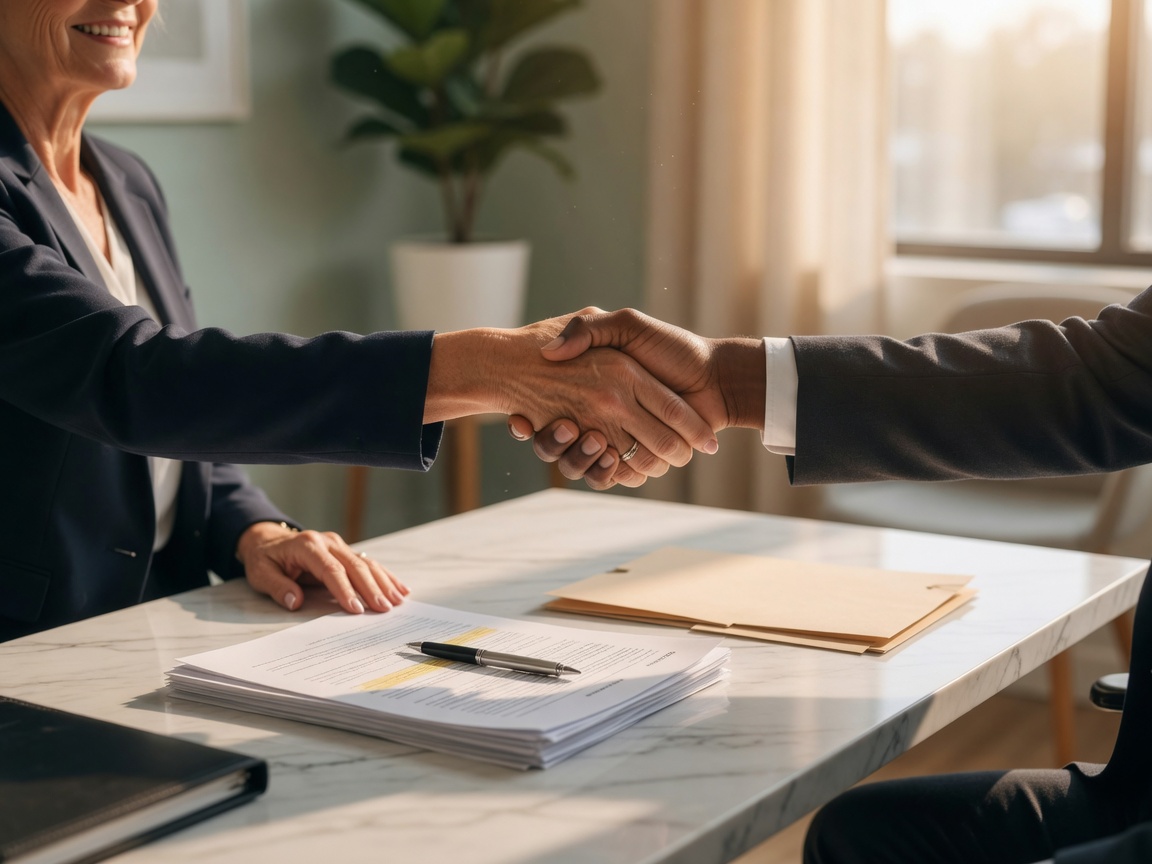 A buyer and real estate agent reviewing a buyer representation agreement in a professional office