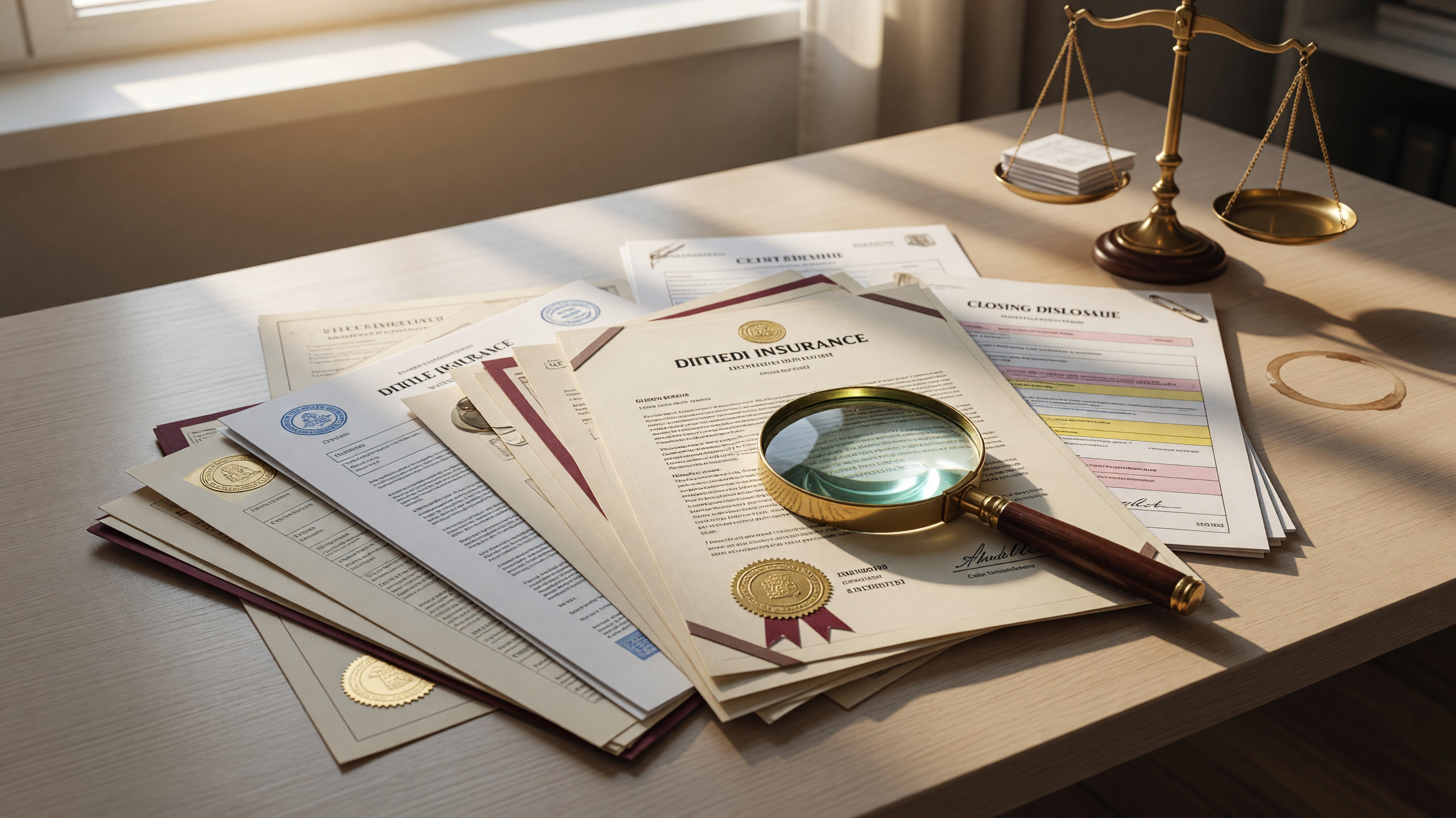 Official real estate title documents and deed papers on a desk with a magnifying glass