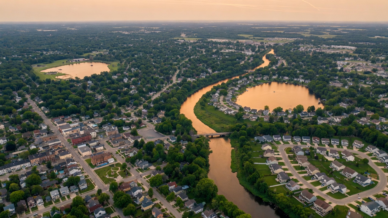 Aerial drone photograph of Genesee County Michigan showing suburban neighborhoods, tree-lined streets, and small lakes