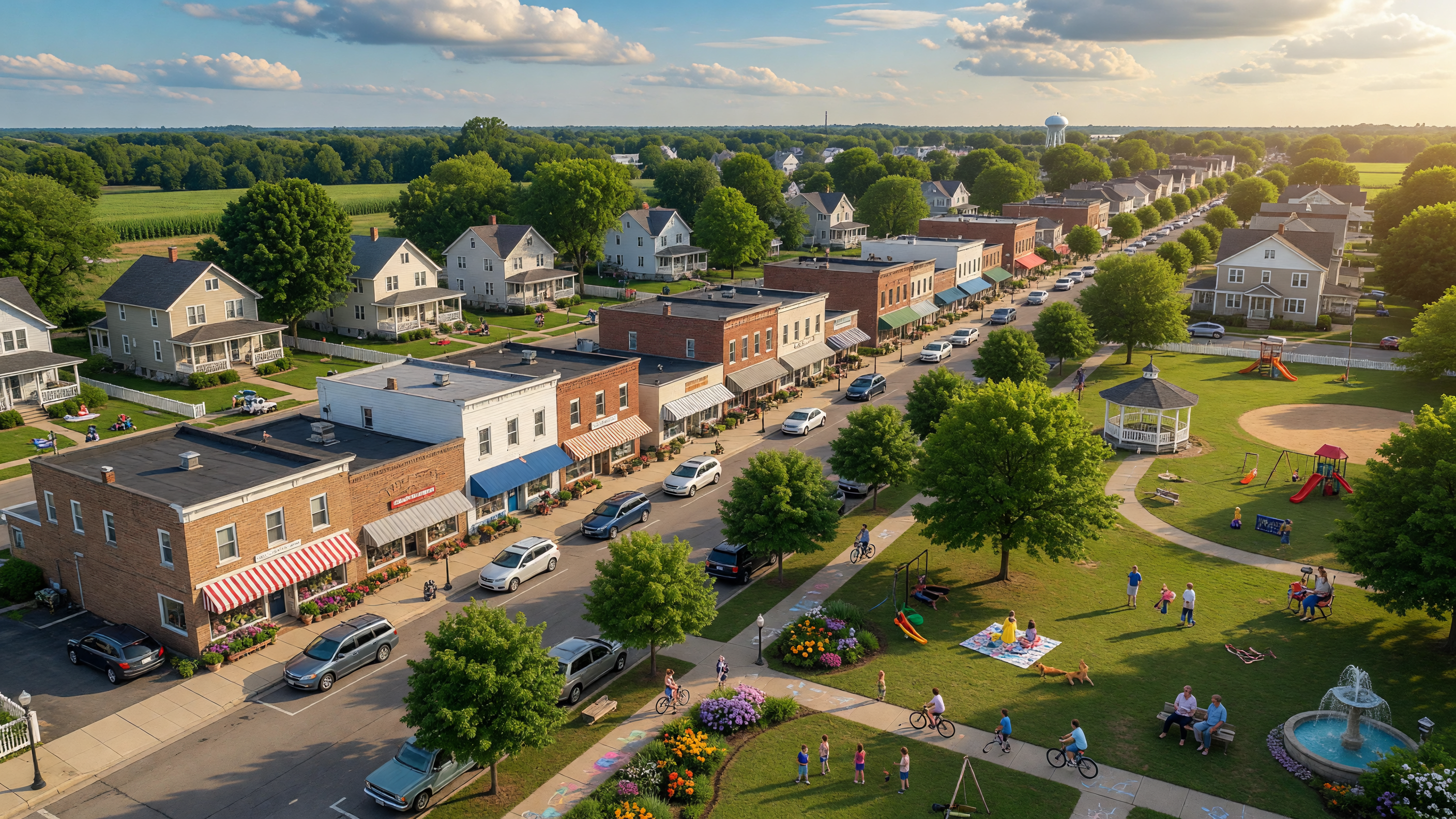 A vibrant family-friendly suburban community in Genesee County with parks and tree-lined streets on a sunny day