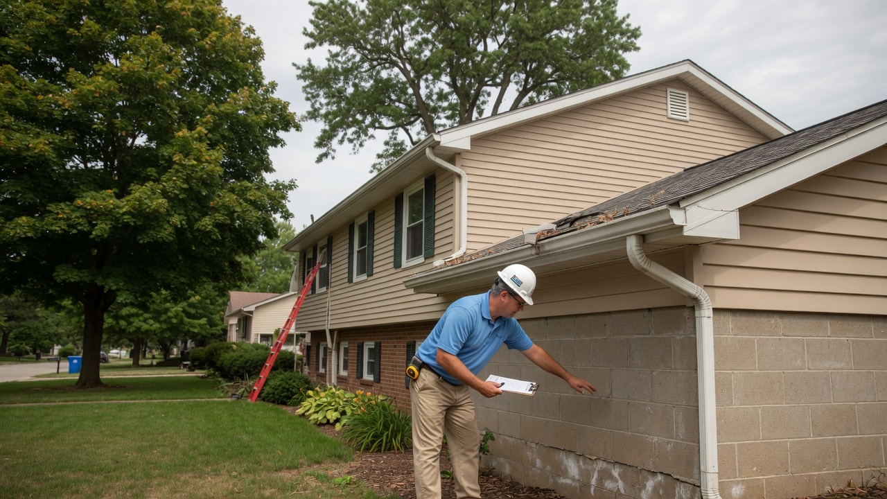 A professional home inspector examining a residential home with a clipboard