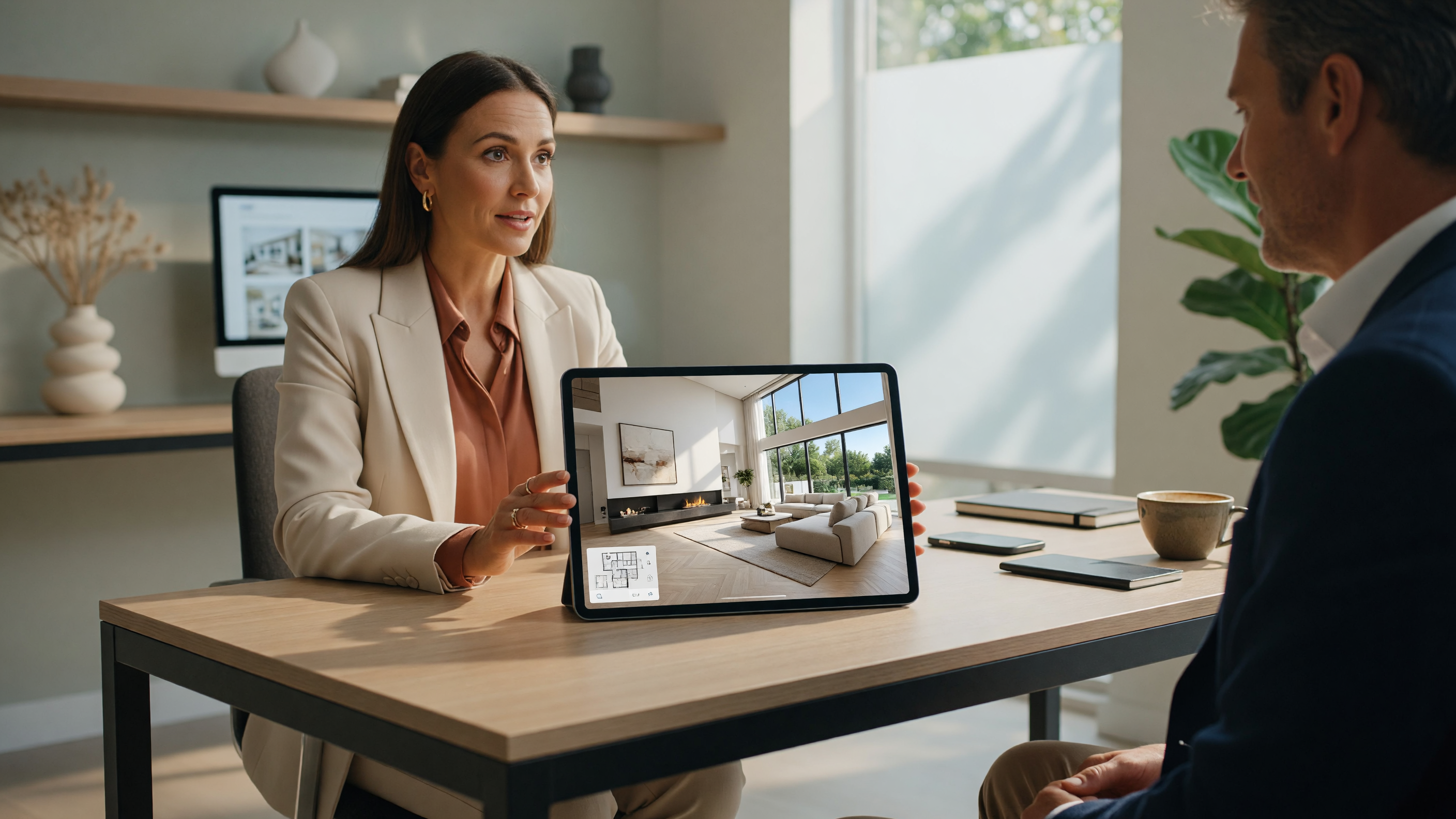 A real estate professional using a tablet to show a virtual home tour to a client in a modern office setting