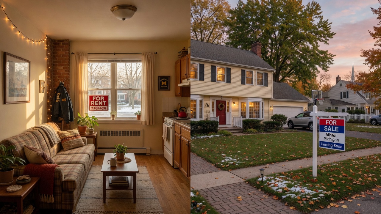 A suburban home and apartment building side by side representing the rent vs buy decision