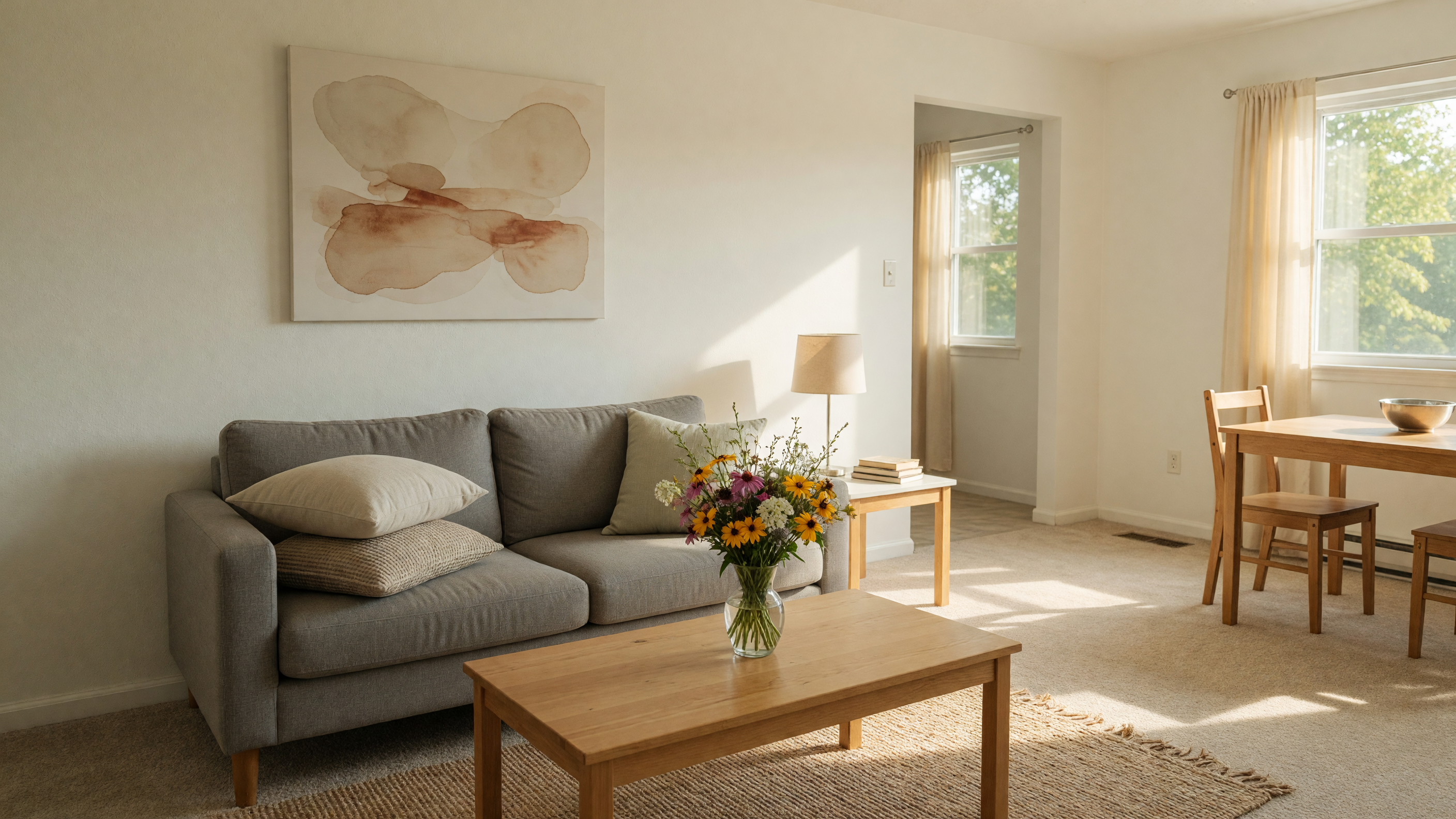 A bright living room staged on a budget with neutral throw pillows, fresh wildflowers, and warm sunlight