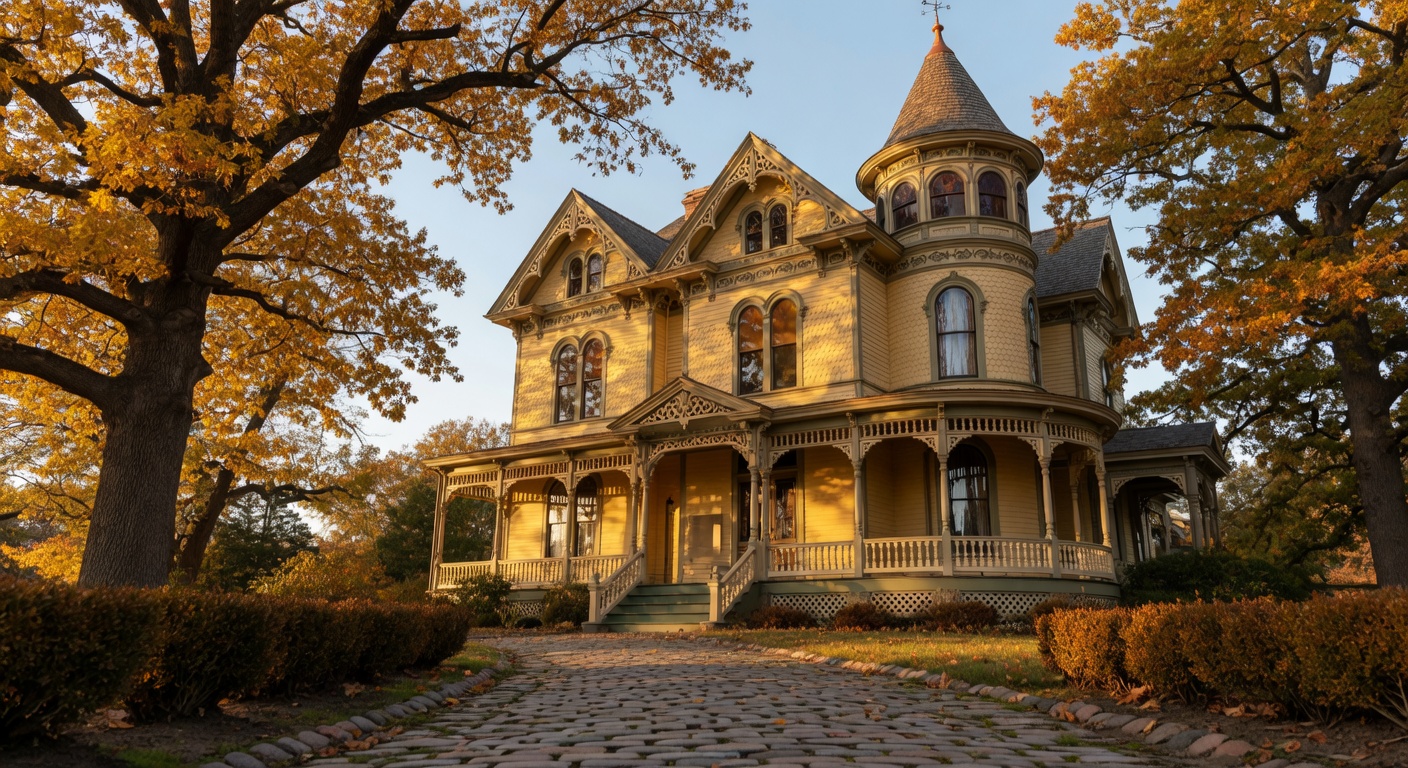 Grand historic estate home with ornate architectural details and mature trees in Mid-Michigan