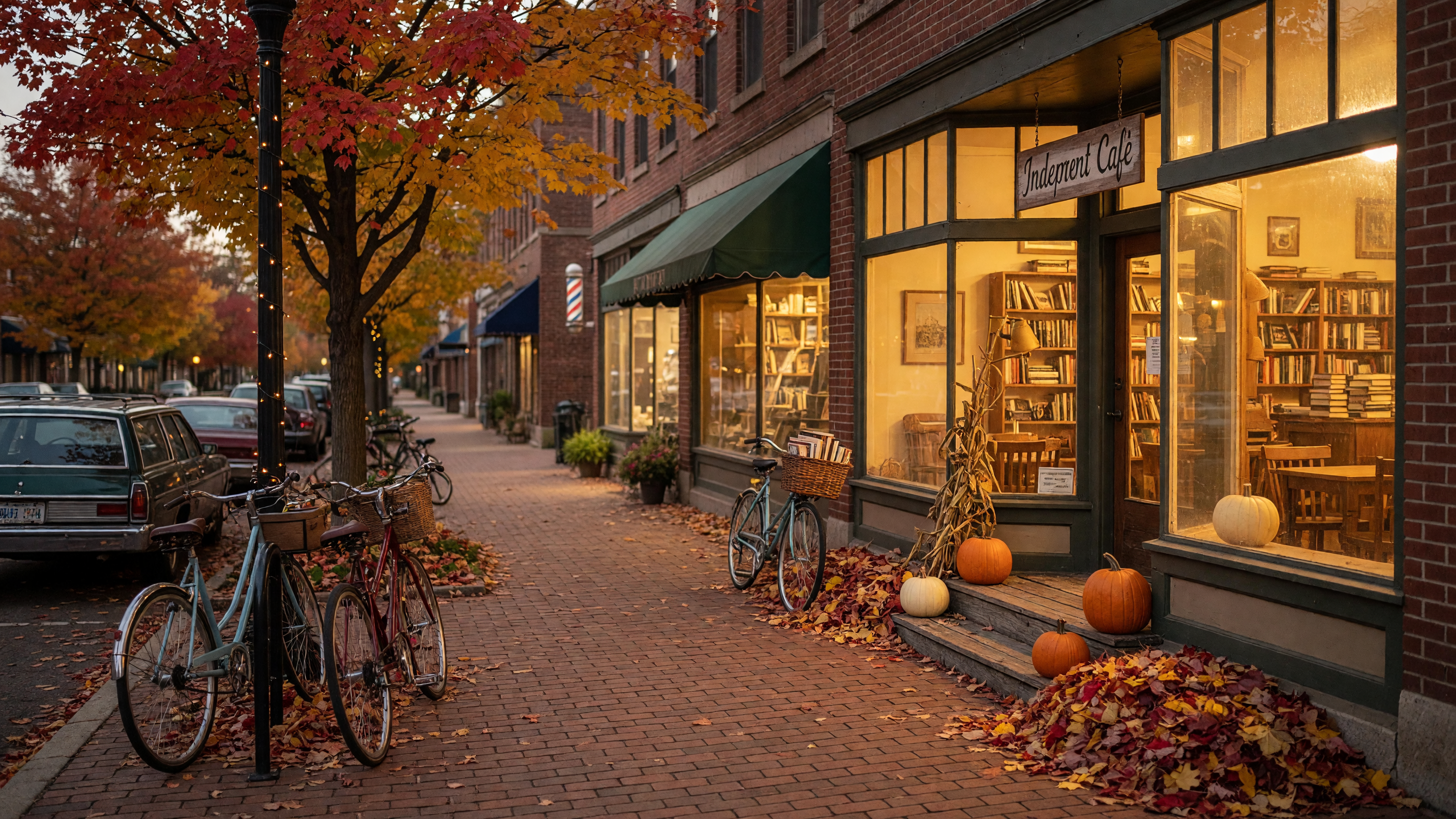 A charming small-town downtown in Mid-Michigan during autumn with brick sidewalks, colorful fall foliage, and warm café windows