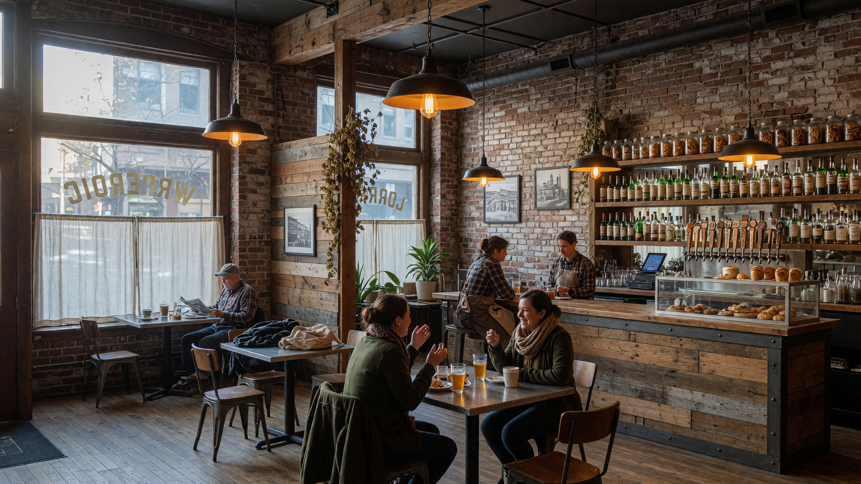 Interior of The Rough Draught Coffee and Barroom in downtown Fenton, Michigan — exposed brick, warm lighting, and an inviting industrial-chic atmosphere