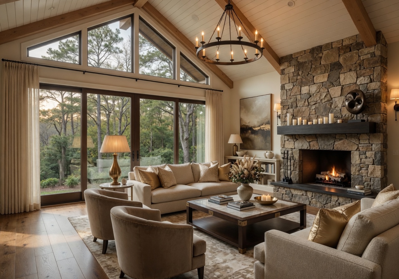 Luxury estate home with elegant stone facade and manicured landscaping