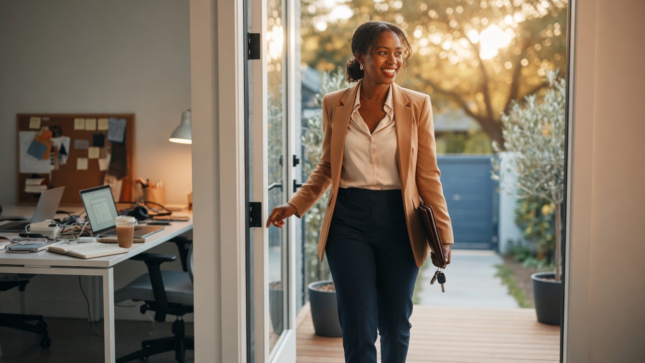 A real estate professional standing at the doorway of a home, representing the transition from behind-the-scenes work to client-facing real estate