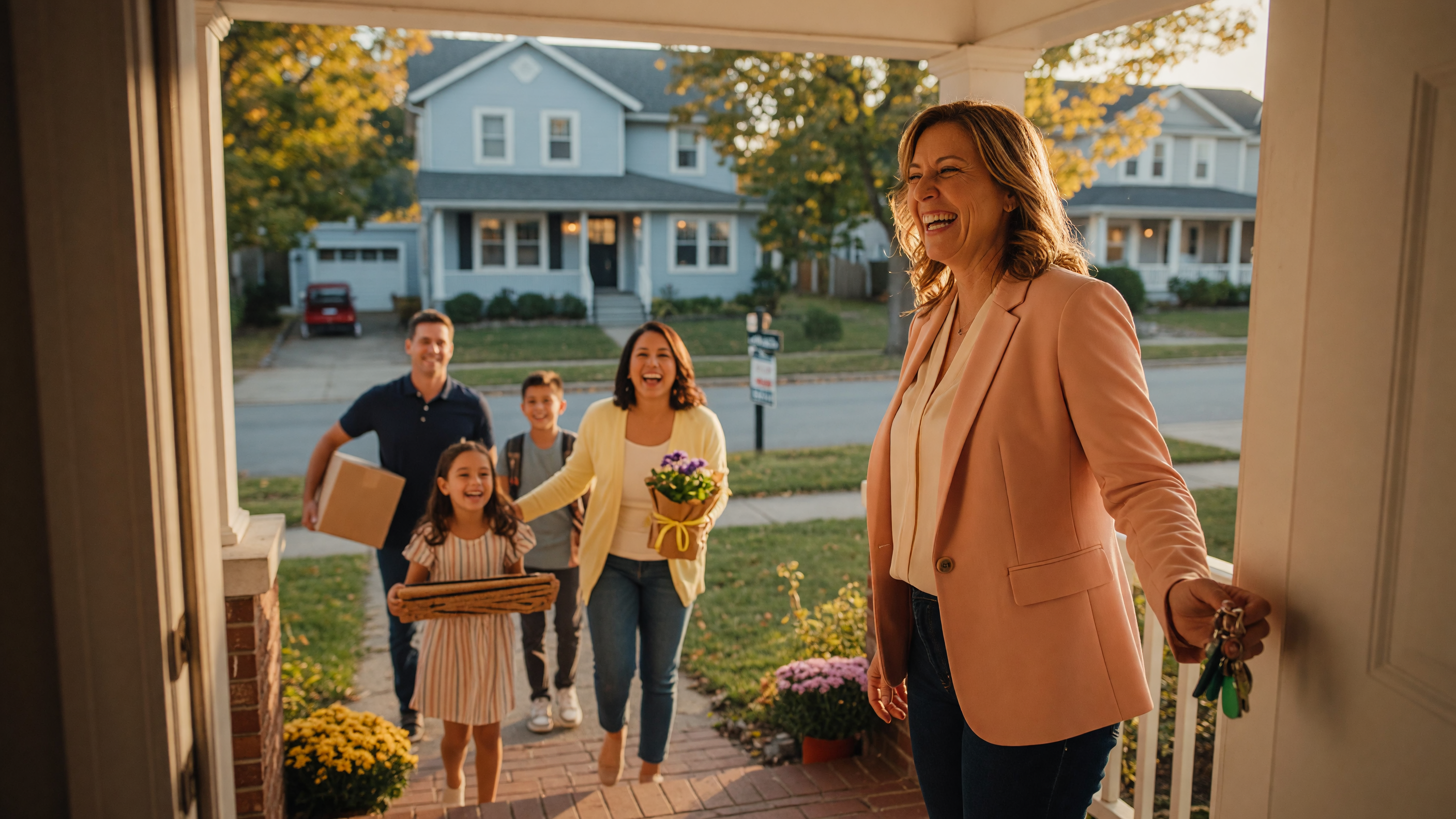 A real estate agent standing in the doorway of a home, watching a happy family arrive at their new house with warm sunlight