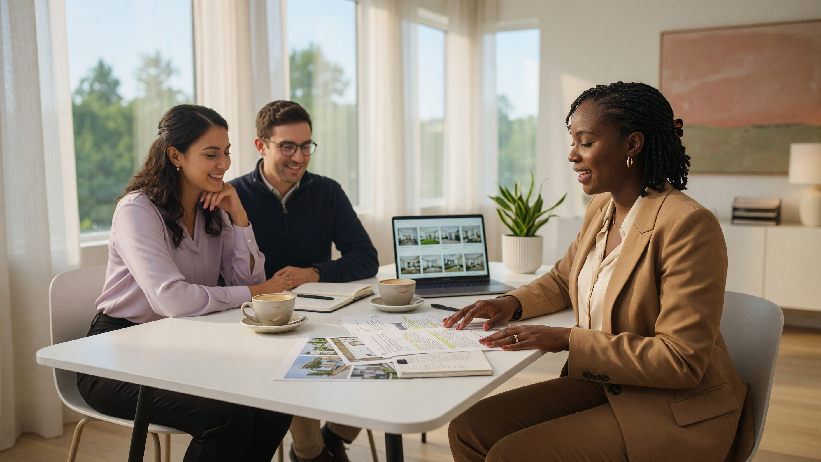 A professional real estate consultation with an agent reviewing property details at a bright table