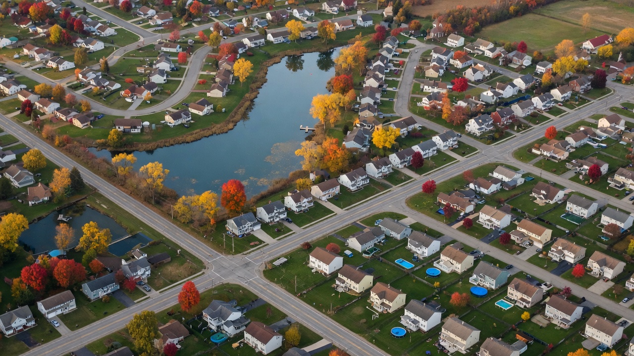 Aerial view of diverse Mid-Michigan neighborhoods across different counties showing suburban and small-town communities