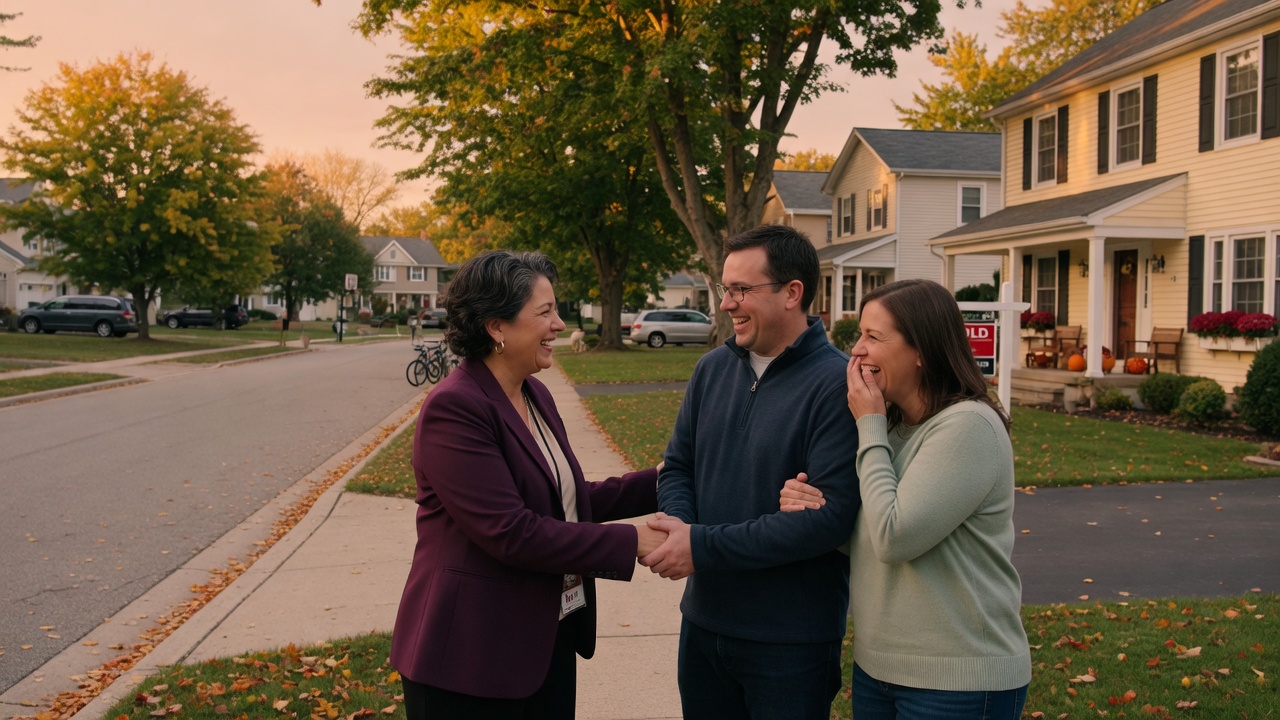 A real estate agent and happy clients shaking hands in front of a suburban home at golden hour