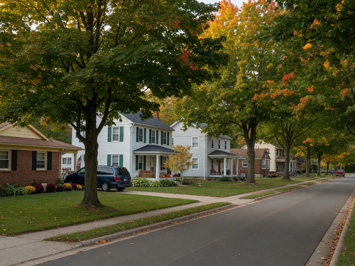 Tree-lined residential street in a Saginaw County Michigan neighborhood with mature trees and well-maintained homes