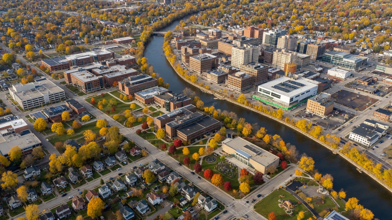 Aerial view of downtown Flint Michigan showing the Flint River, UM-Flint campus, Cultural Center, and revitalized downtown blocks