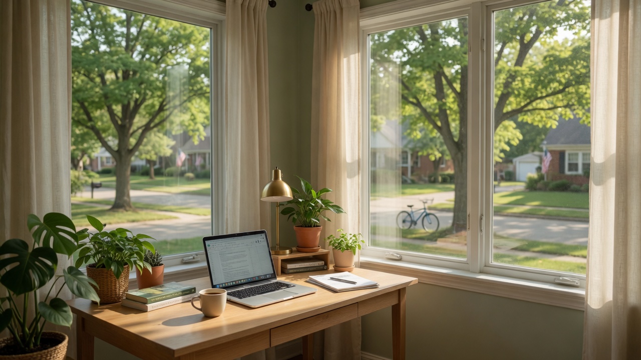 A bright home office with large windows overlooking a peaceful Michigan neighborhood