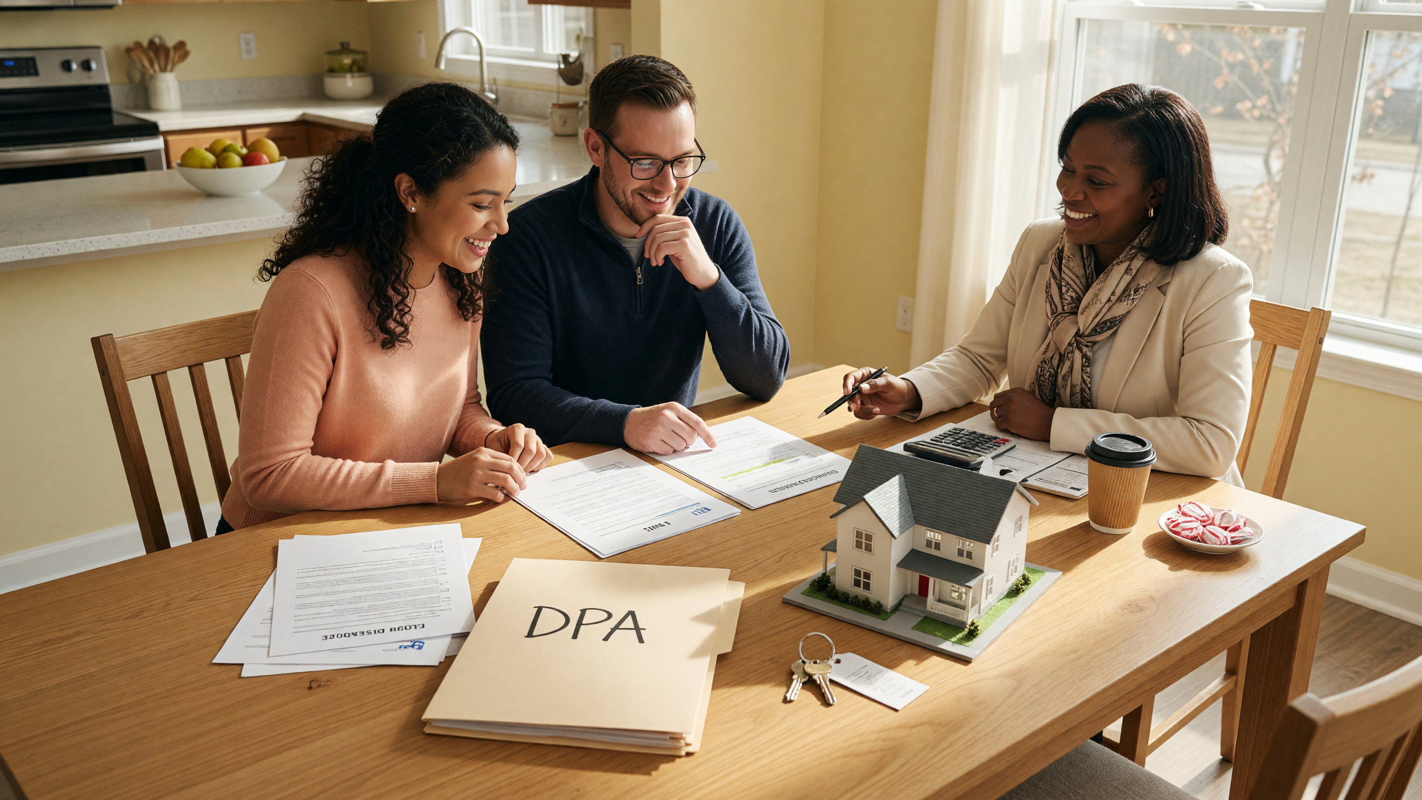 A first-time homebuyer couple reviewing down payment assistance documents at a bright kitchen table