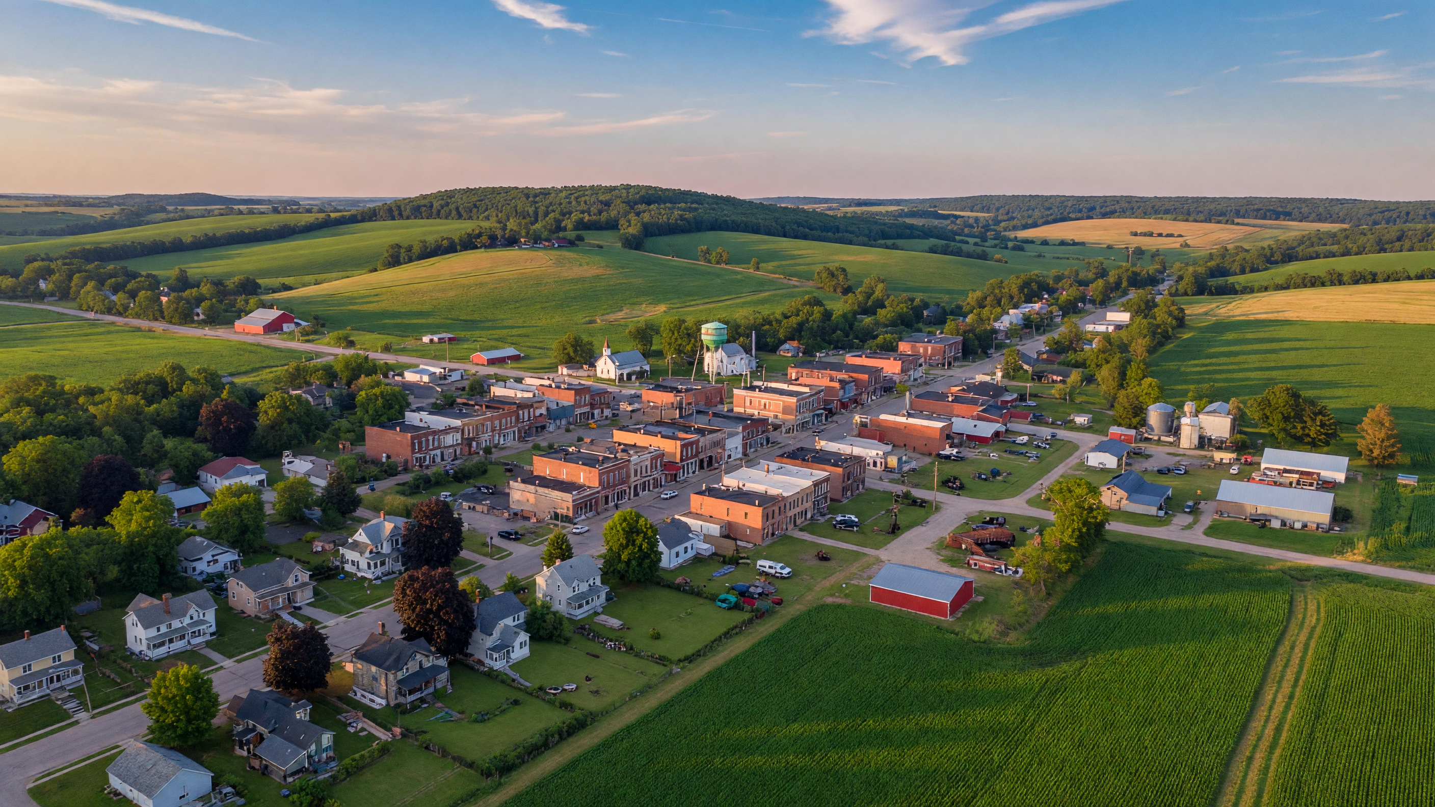 Scenic view of Shiawassee County Michigan with rolling farmland, small-town charm, and tree-lined streets