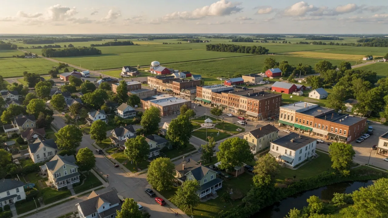 Aerial view of a Shiawassee County Michigan community with tree-lined streets, residential homes, and surrounding farmland on a bright summer day