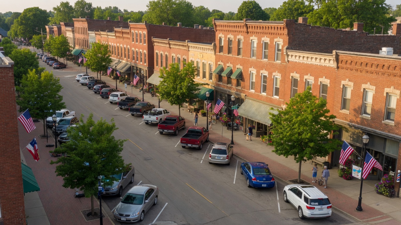 A charming small-town Genesee County main street with brick storefronts and mature trees on a sunny afternoon