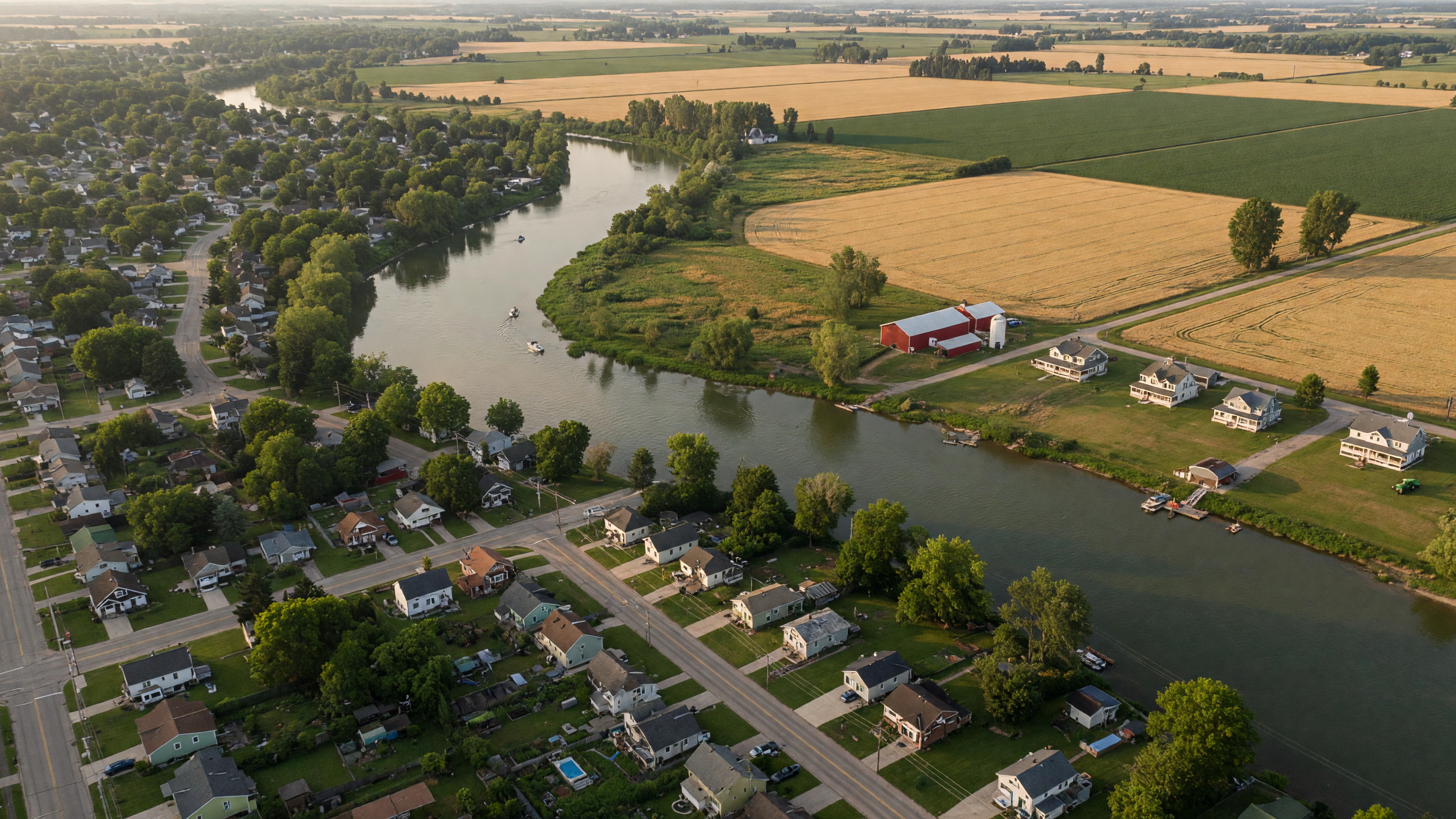 Aerial view of Saginaw County Michigan with tree-lined neighborhoods, small-town charm, and the Saginaw River corridor