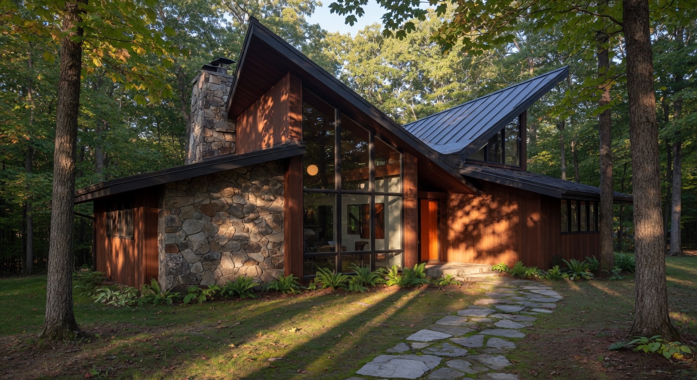 Mid-century modern home with distinctive butterfly roof and floor-to-ceiling windows in a wooded Michigan setting
