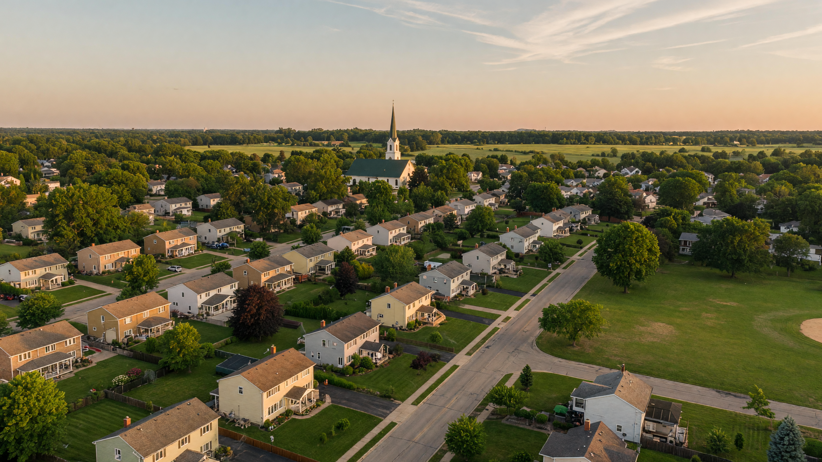 Aerial view of a tree-lined Grand Blanc Michigan neighborhood with family homes and green spaces at golden hour