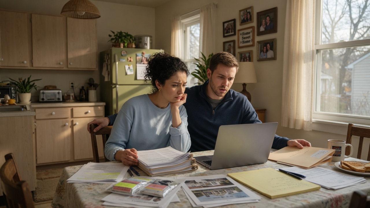 A young couple reviewing real estate documents at a kitchen table, looking focused and slightly overwhelmed