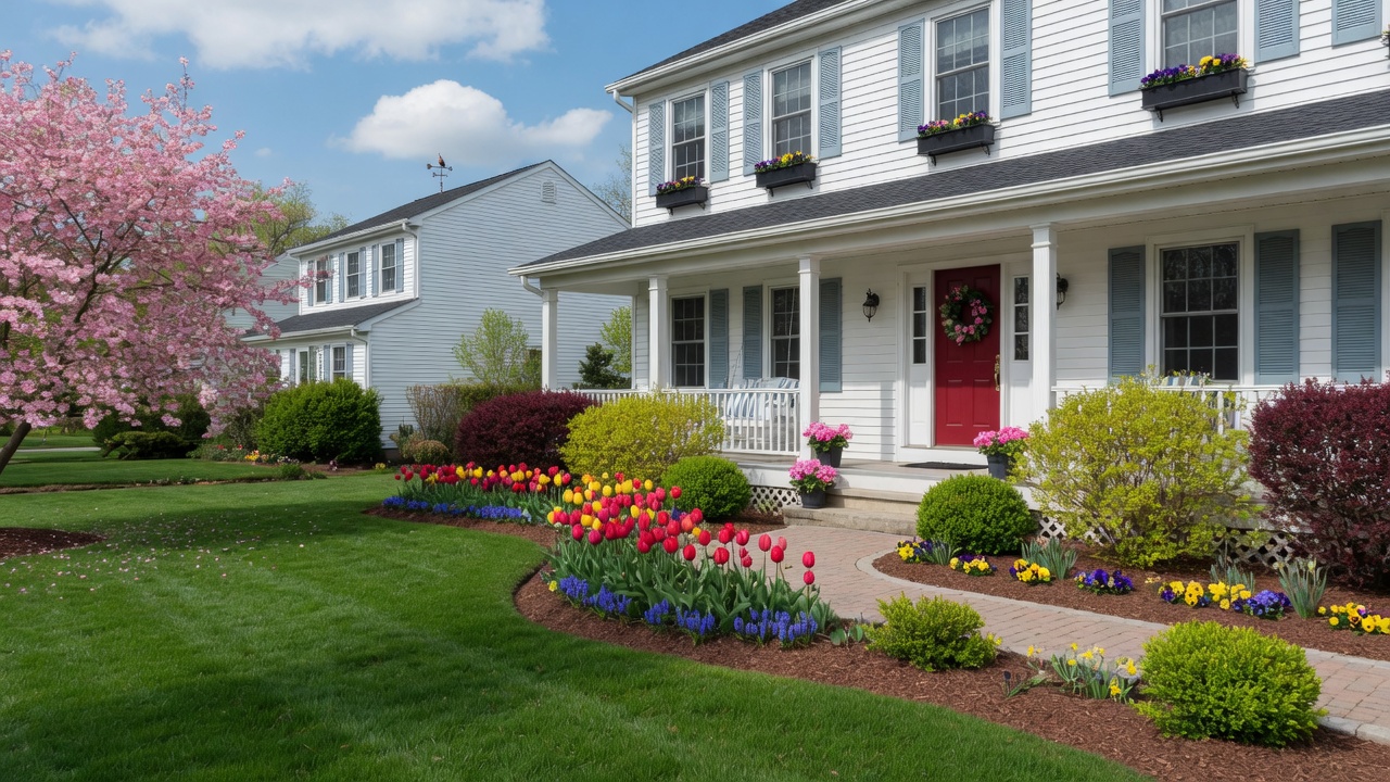 A quiet tree-lined residential street in a Mid-Michigan neighborhood with well-maintained homes and sidewalks