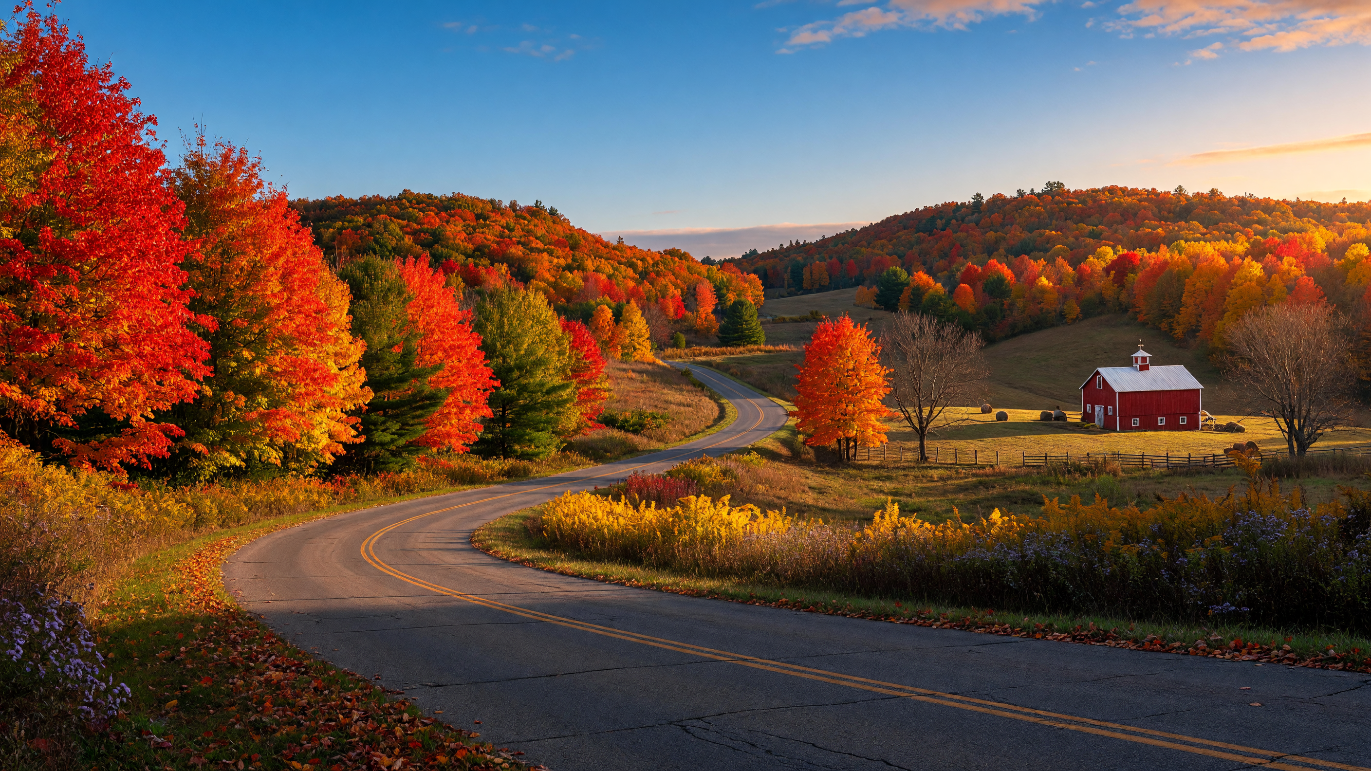 A scenic Mid-Michigan country road winding through vibrant autumn foliage in reds, oranges, and golds