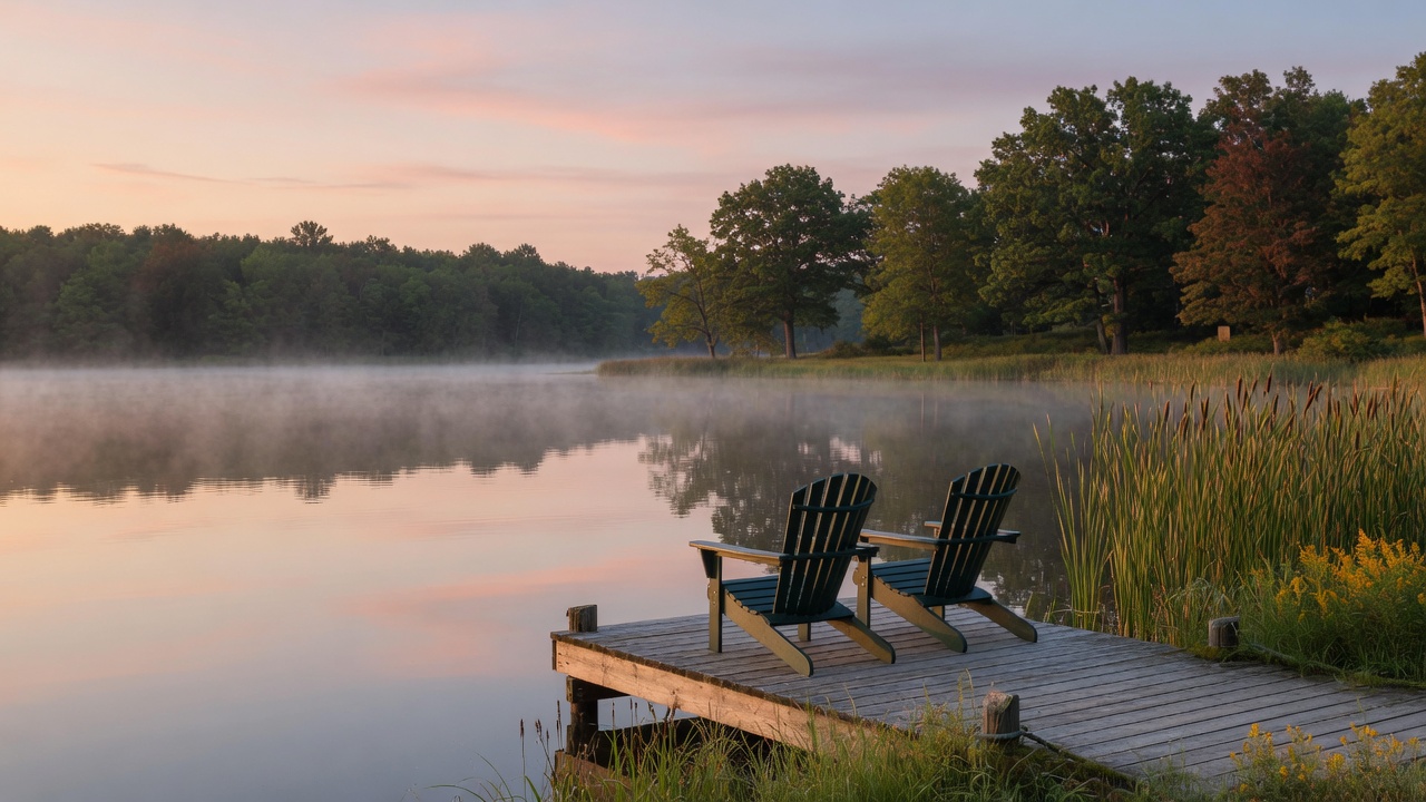A peaceful Michigan lake at sunrise with a wooden dock, Adirondack chairs, and mist rising off the calm water surface