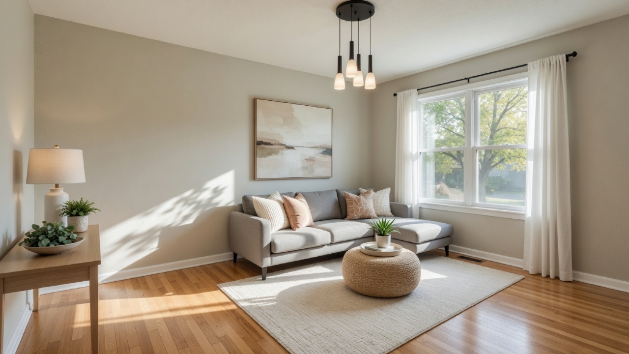 Staged living room in a Mid-Michigan home ready for sale with fresh paint and natural light