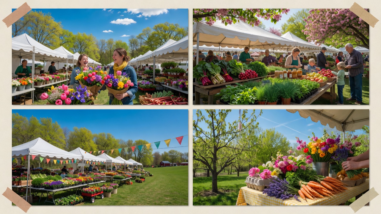 A vibrant spring farmers market in Mid-Michigan with colorful flowers, fresh produce, and white tents