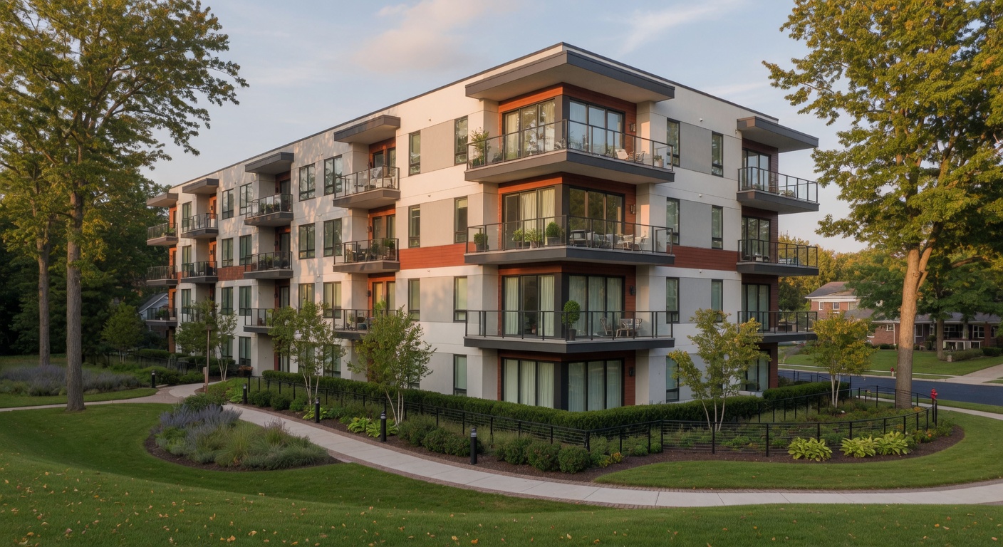 Modern condominium building exterior with contemporary architecture and landscaped grounds