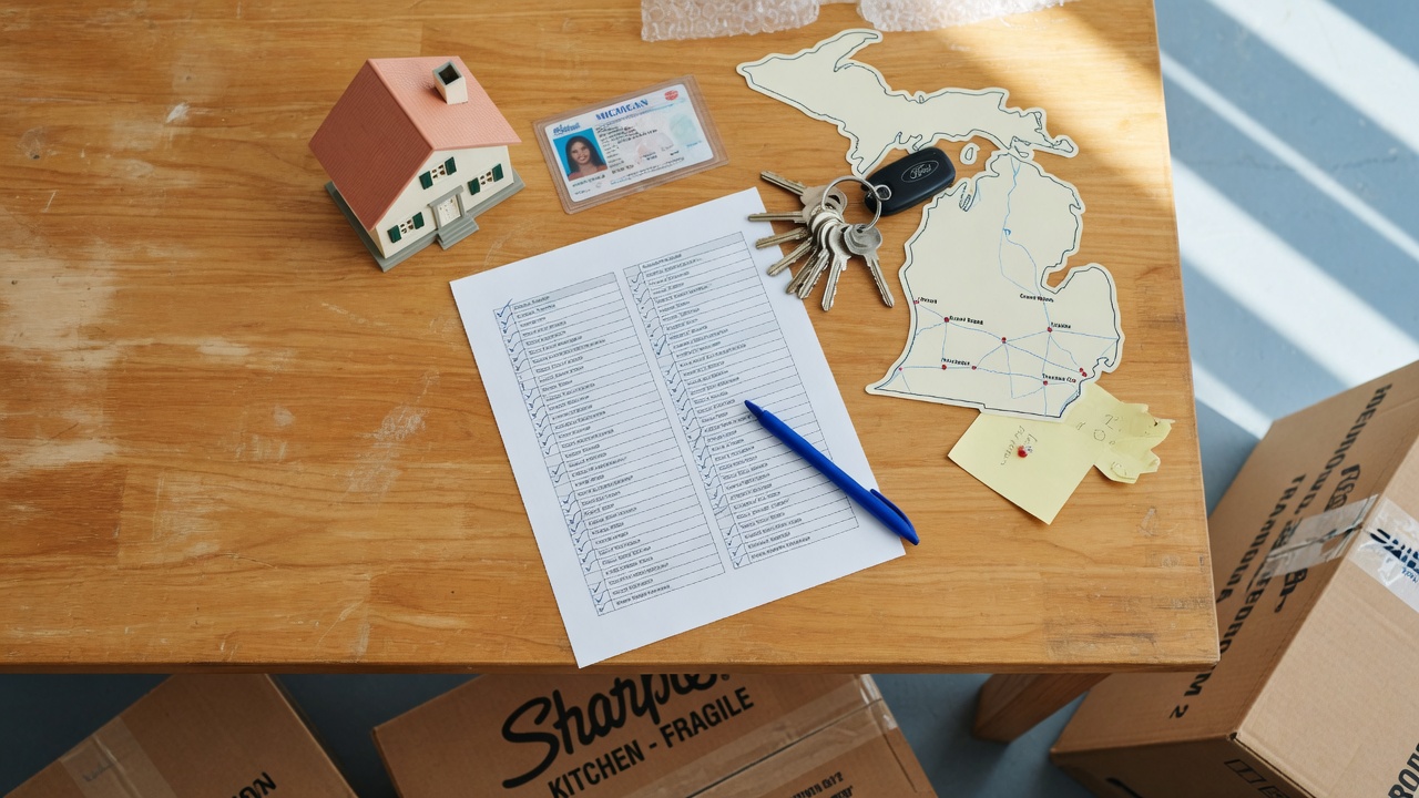 A relocation checklist with planning materials, a model house, and car keys on a bright table