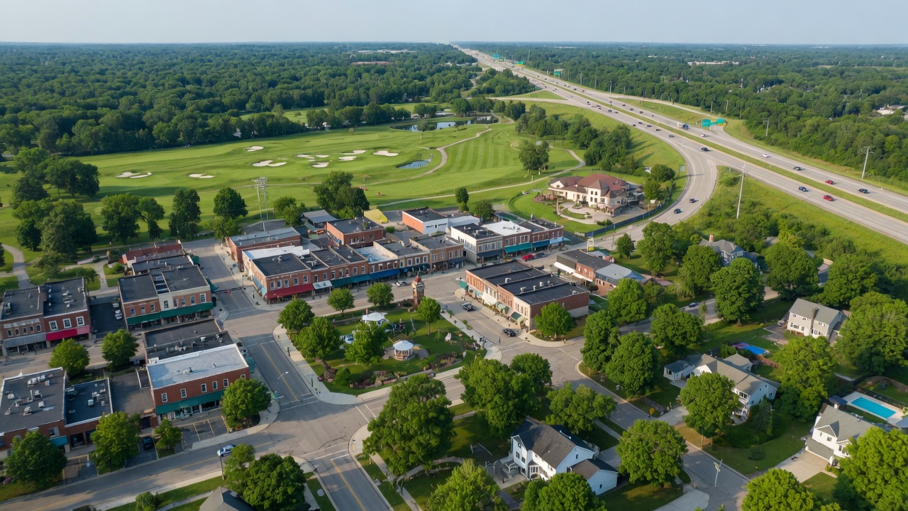 Aerial view of Grand Blanc Michigan showing downtown area and surrounding neighborhoods