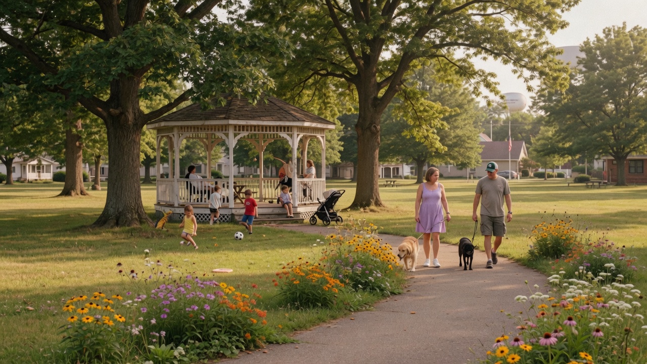 A charming small-town park in Mid-Michigan with a gazebo, mature oak trees, a winding path, and people enjoying a beautiful summer day