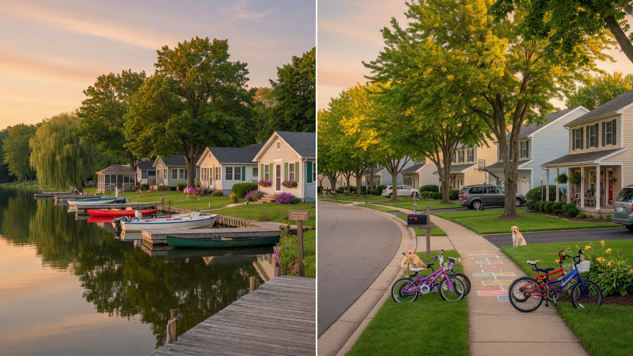 A beautiful view of a Michigan lake community with family-friendly neighborhoods and tree-lined streets