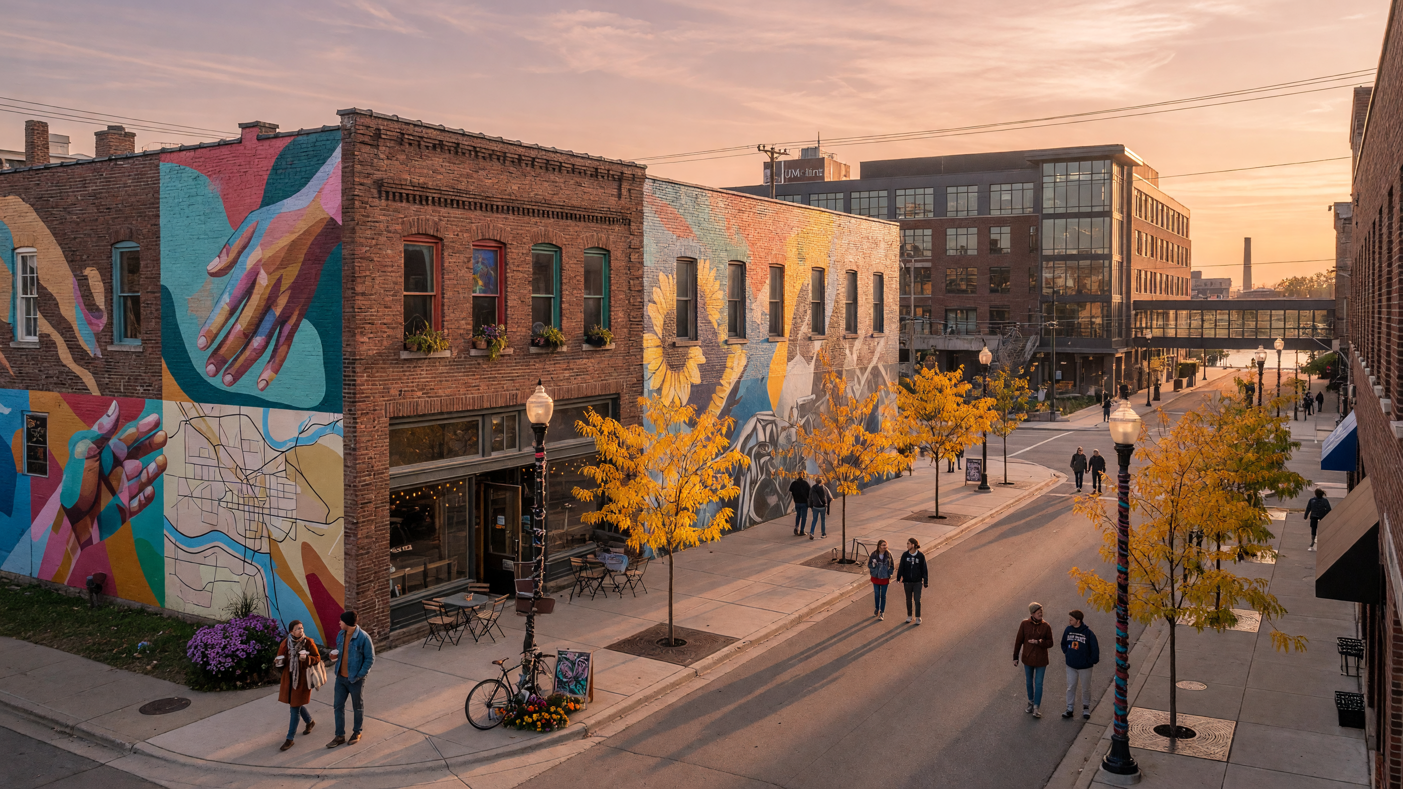 A vibrant downtown Flint Michigan street showing revitalization with murals, local shops, and pedestrians