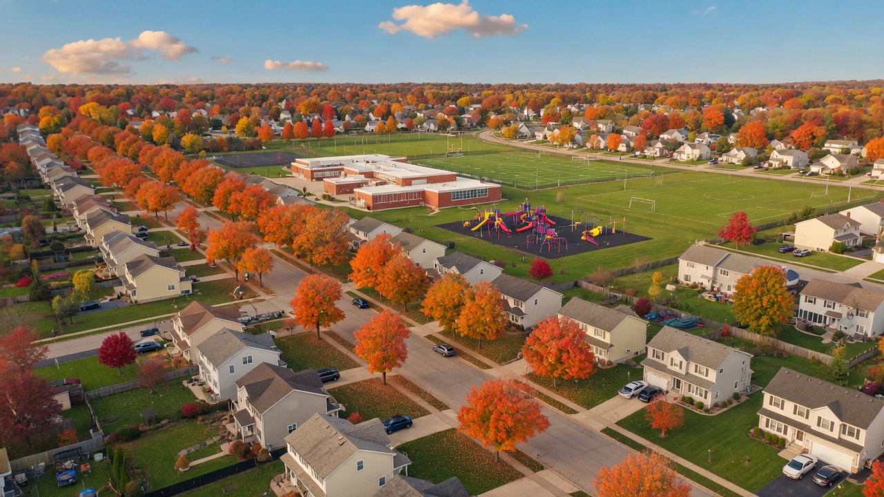 Aerial view of a Mid-Michigan suburban neighborhood with a school and playground visible among tree-lined streets