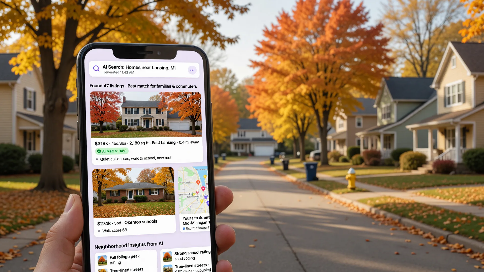 A smartphone displaying AI-powered real estate search results with a Mid-Michigan neighborhood visible in the background