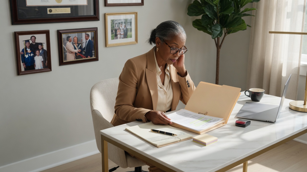 Professional reviewing real estate documents at a well-lit desk in a modern office