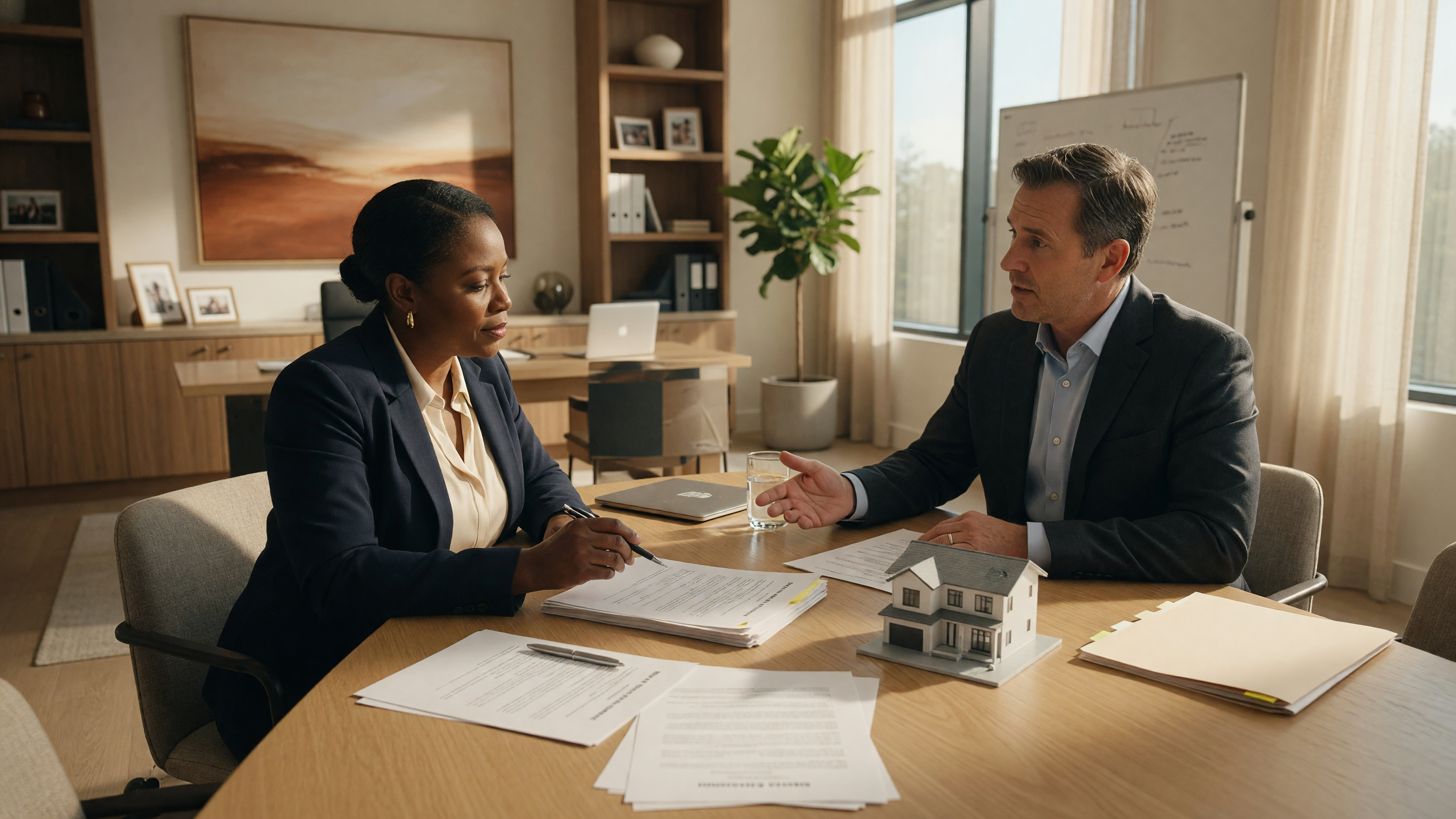 A buyer and real estate agent reviewing a buyer representation agreement in a professional office setting