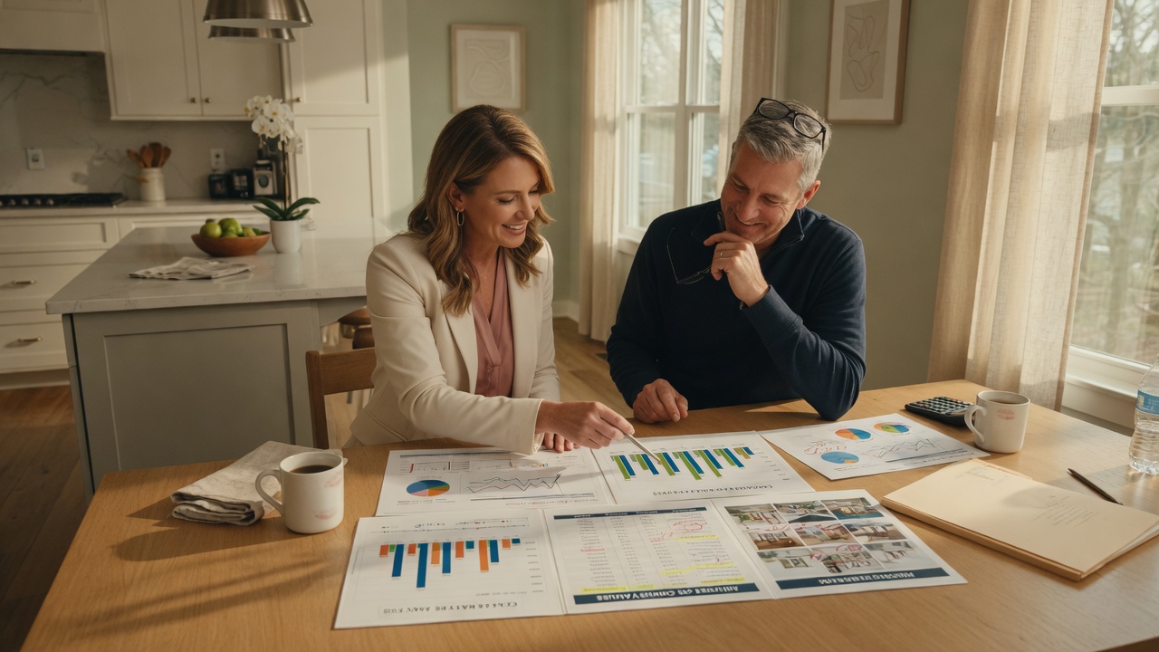 A real estate agent reviewing comparable market data and a Comparative Market Analysis with a homeowner at a kitchen table