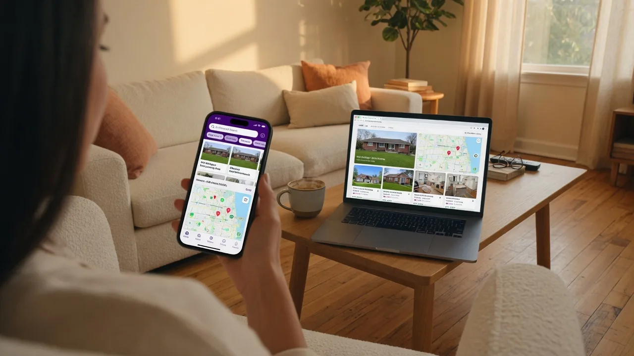 A person using a smartphone and laptop to search for Mid-Michigan homes using AI-powered real estate tools in a warm, sunlit living room