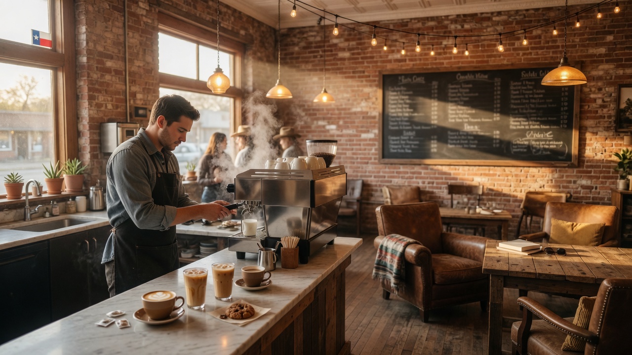 Interior of a charming local coffee shop in Brenham with warm lighting, latte art, and comfortable seating