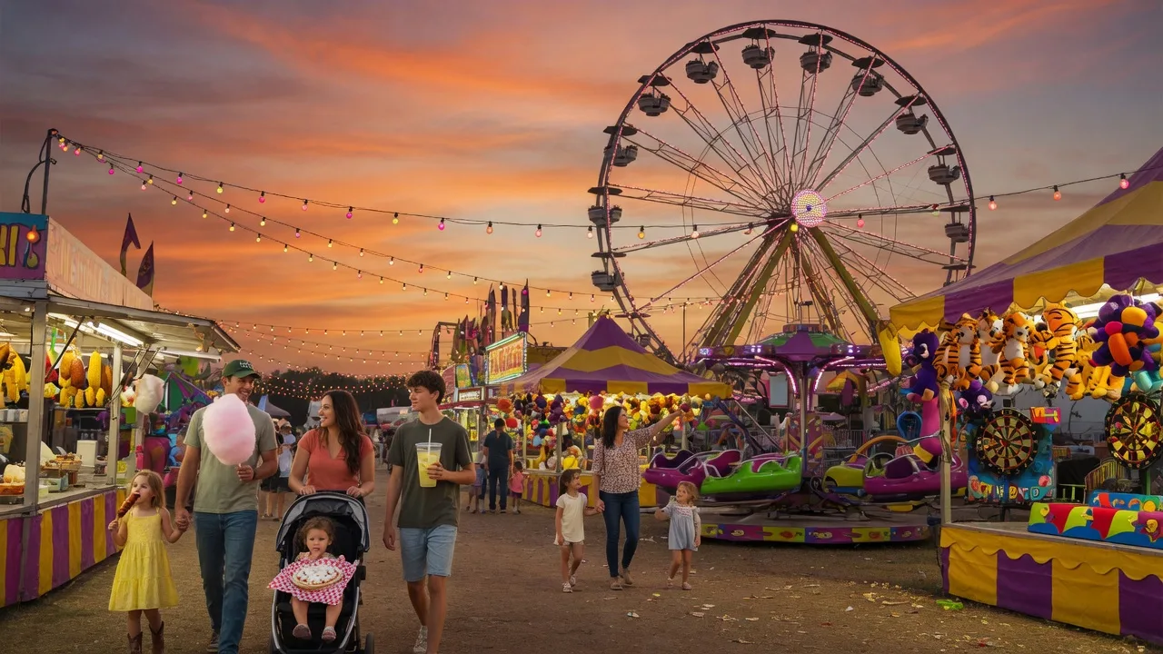 Colorful carnival rides and fair booths at a Texas county fair during golden hour