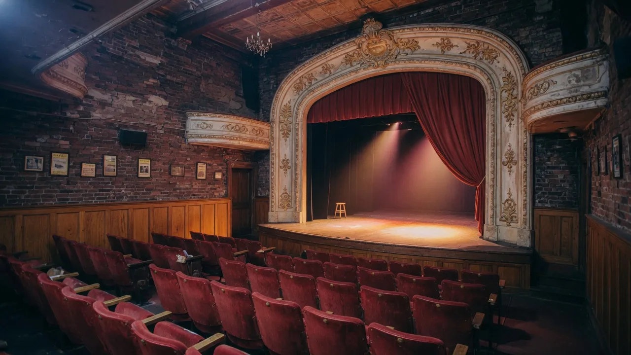 Interior of a historic theatre venue with warm amber stage lighting and vintage architectural details