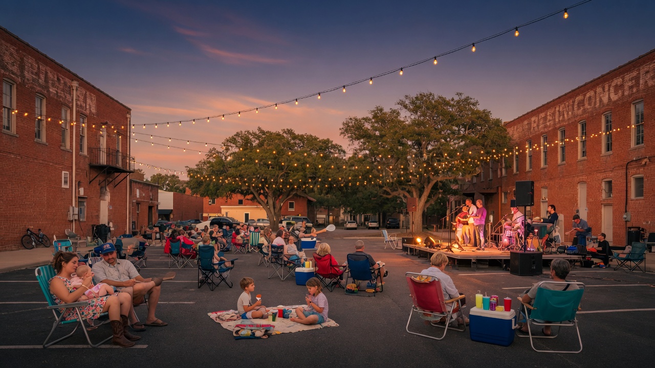 Outdoor summer concert in downtown Brenham with families gathered on lawn chairs and live music at golden hour