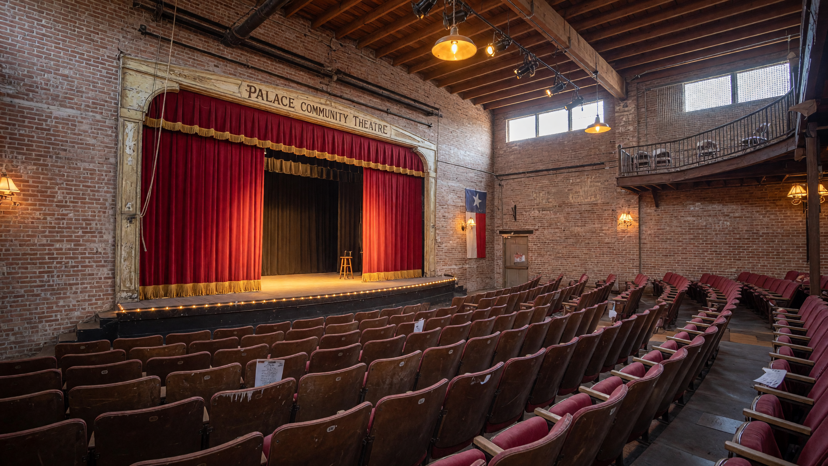 Interior of Unity Theatre, a renovated warehouse performance space in downtown Brenham, Texas
